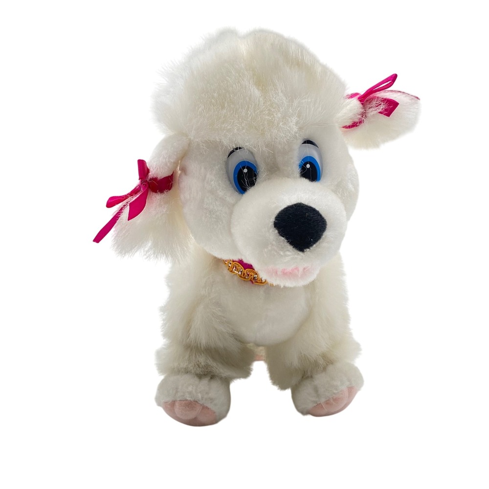 Vintage Classic Toy Co White Poodle‎ Plush Toy Dog Pink Bows Gold Collar  9"